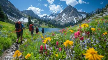 ai gerado uma tirar o fôlego imagem do caminhantes caminhada acima uma montanha trilha foto