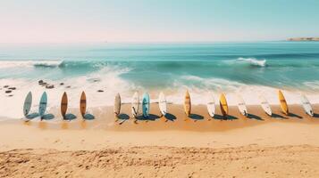 ai gerado uma zangão Visão do a de praia embarque pranchas de surf foto