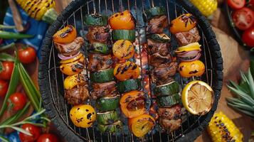 ai gerado uma festivo cena do amigos ou família desfrutando uma churrasco festa ao ar livre foto