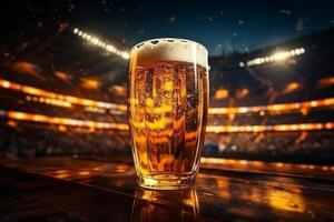 ai gerado uma vidro do Cerveja dentro uma estádio foto