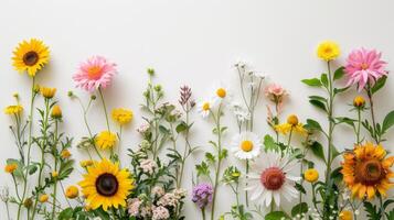 ai gerado uma minimalista arranjo do brilhante verão flores gostar girassóis e margaridas foto