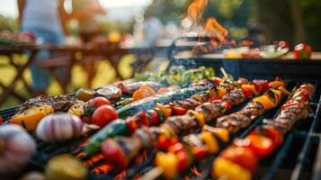 ai gerado uma festivo cena do amigos ou família desfrutando uma churrasco festa ao ar livre foto