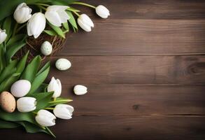 ai gerado uma verde Páscoa cartão em madeira com tulipas e ovos foto