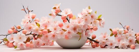 ai gerado uma grupo do pêssego flores em a mesa foto