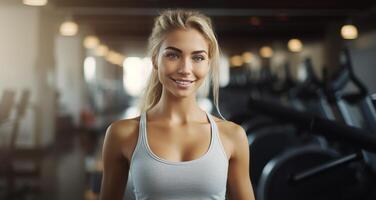 ai gerado jovem mulher exercício dentro uma Academia foto