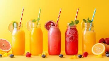 ai gerado uma minimalista arranjo do colorida verão bebidas, Incluindo limonada e fruta batidos foto