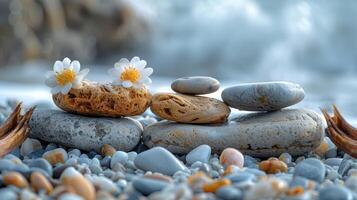 ai gerado uma minimalista composição do uma rochoso litoral, com suave pedrinhas espalhados em a areia foto