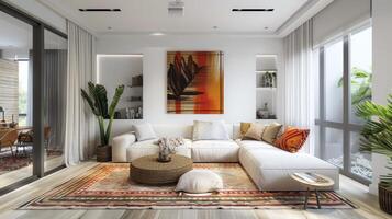 ai gerado uma minimalista vivo quarto com branco paredes e mobília, acentuado de uma vibrante área tapete foto
