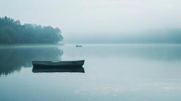 ai gerado tranquilo lago, com Claro água refletindo a em torno da árvores e uma solteiro barco flutuando foto