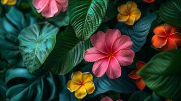 ai gerado uma vibrante jardim preenchidas com tropical flores e exuberante vegetação, oferta uma animado foto