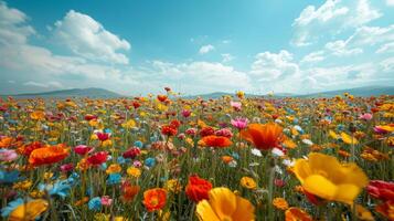 ai gerado uma minimalista Visão do uma vibrante flor campo, Onde colorida floresce esticam para a horizonte foto