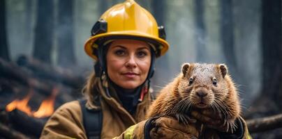 ai gerado fêmea bombeiro segurando uma Castor dentro dela braços foto