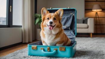 ai gerado fofa cachorro com uma mala de viagem dentro a apartamento foto