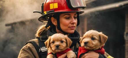 ai gerado retrato do uma fêmea bombeiro segurando uma resgatado cachorro dentro dela braços foto