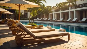 ai gerado Sol espreguiçadeira com guarda-chuva de a piscina, hotel foto