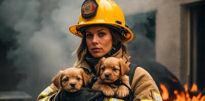 ai gerado retrato do uma fêmea bombeiro segurando uma resgatado cachorro dentro dela braços foto