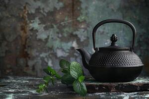 ai gerado elegante Preto chaleira com hortelã ervas e pedra foto