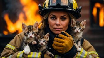 ai gerado retrato do uma fêmea bombeiro segurando uma resgatado gatinho dentro dela braços foto