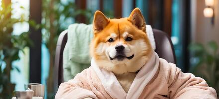 ai gerado lindo cachorro dentro uma roupão de banho dentro uma spa salão em repouso foto