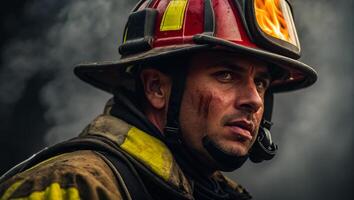 ai gerado retrato do uma sério masculino bombeiro foto