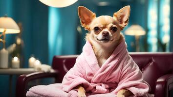 ai gerado lindo cachorro dentro uma roupão de banho dentro uma spa salão em repouso foto