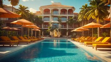 ai gerado Sol espreguiçadeira com guarda-chuva de a piscina, hotel foto