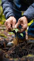 ai gerado mãos nutrir uma jovem plantar dentro solo durante chuva foto