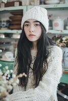 ai gerado inverno retrato do uma jovem mulher dentro acolhedor suéter e gorro foto