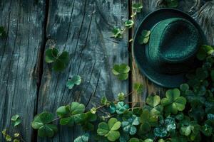 ai gerado uma verde chapéu e quatro folha trevos em uma de madeira superfície foto