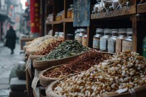 ai gerado sortimento do seco plantas usava para tradicional chinês ervas remédio. mercado dentro a rua foto
