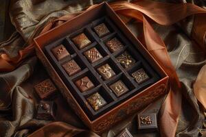 ai gerado luxo conjunto do chocolate doces dentro uma presente caixa foto