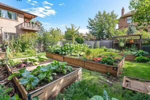 ai gerado elevado jardim camas preenchidas com próspero legumes dentro quintal foto