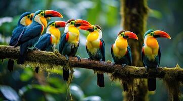 ai gerado tropical pássaros sentado em uma árvore ramo dentro a floresta tropical foto