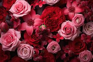 ai gerado vermelho e Rosa cortar flores, floral fundo foto