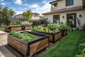 ai gerado elevado jardim camas preenchidas com próspero legumes dentro quintal foto