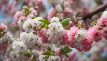 ai gerado uma fechar acima do uma árvore com Rosa e branco flores foto