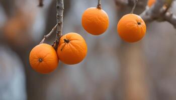 ai gerado laranja frutas suspensão a partir de uma árvore ramo foto
