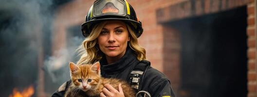 ai gerado retrato do uma fêmea bombeiro segurando uma resgatado gatinho dentro dela braços foto