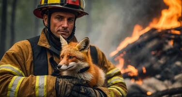 ai gerado homem bombeiro detém uma resgatado Raposa dentro dela braços animais selvagens foto