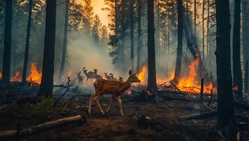 ai gerado veado floresta fogo, árvores dentro fumaça, chamas foto