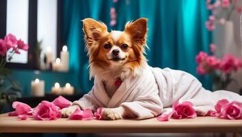 ai gerado lindo cachorro dentro uma roupão de banho dentro uma spa salão em repouso foto