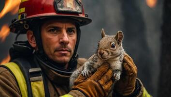 ai gerado masculino bombeiro detém uma resgatado esquilo dentro dele braços foto