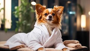 ai gerado lindo cachorro dentro uma roupão de banho dentro uma spa salão em repouso foto