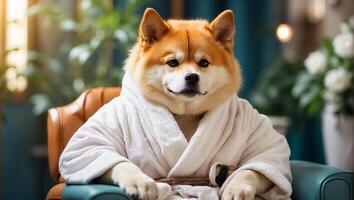 ai gerado lindo cachorro dentro uma roupão de banho dentro uma spa salão em repouso foto