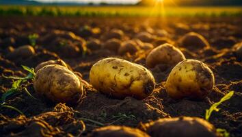 ai gerado batata colheita em a terra fechar acima foto