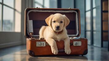 ai gerado fofa cachorro com uma mala de viagem dentro a apartamento foto