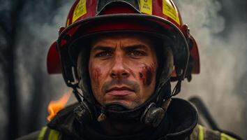 ai gerado retrato do uma sério masculino bombeiro foto