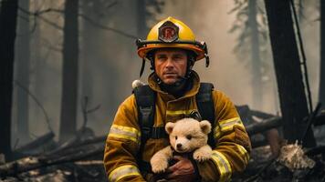 ai gerado homem bombeiro detém uma resgatado pequeno Urso de pelúcia Urso dentro dela braços animais selvagens foto