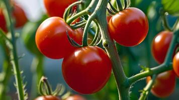 ai gerado maduro tomate dentro uma estufa foto