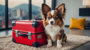 ai gerado fofa cachorro com uma mala de viagem dentro a apartamento foto